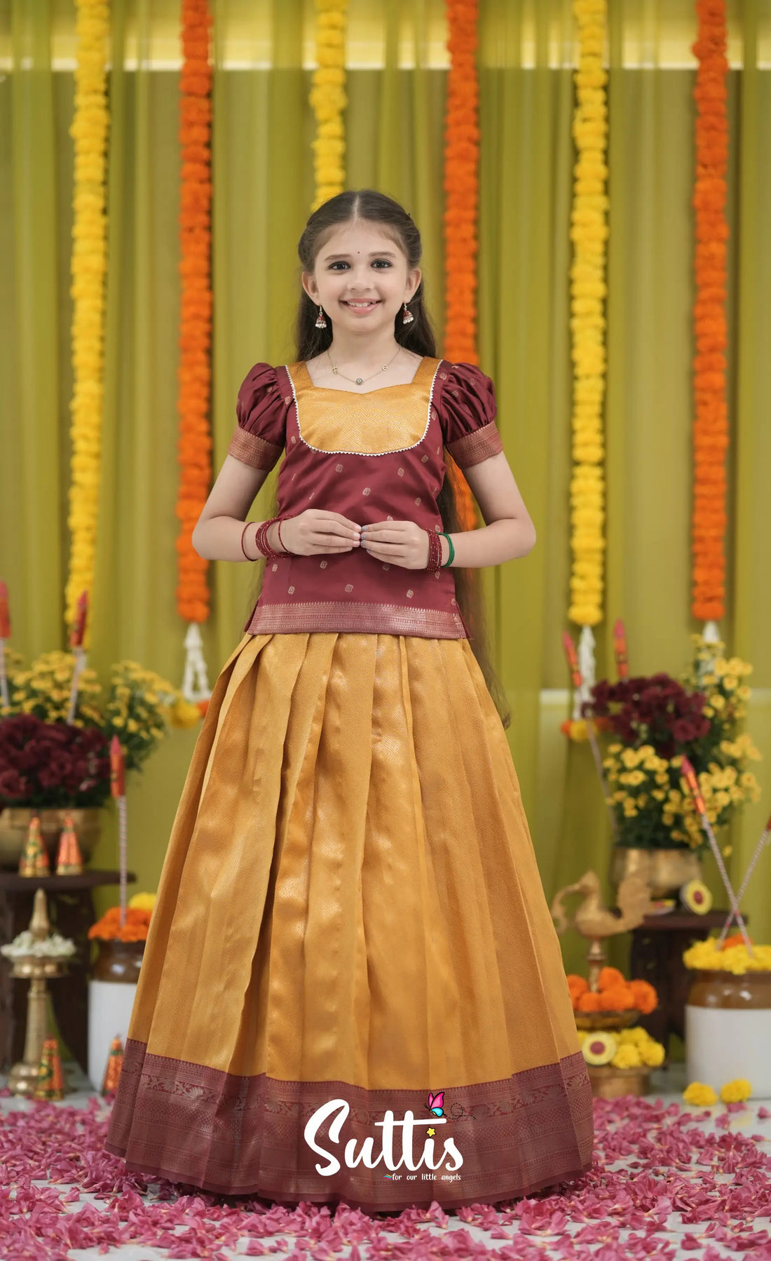 Blended Silk Pavadai Sattai - Mustard Yellow and Maroon Kids-Suttis