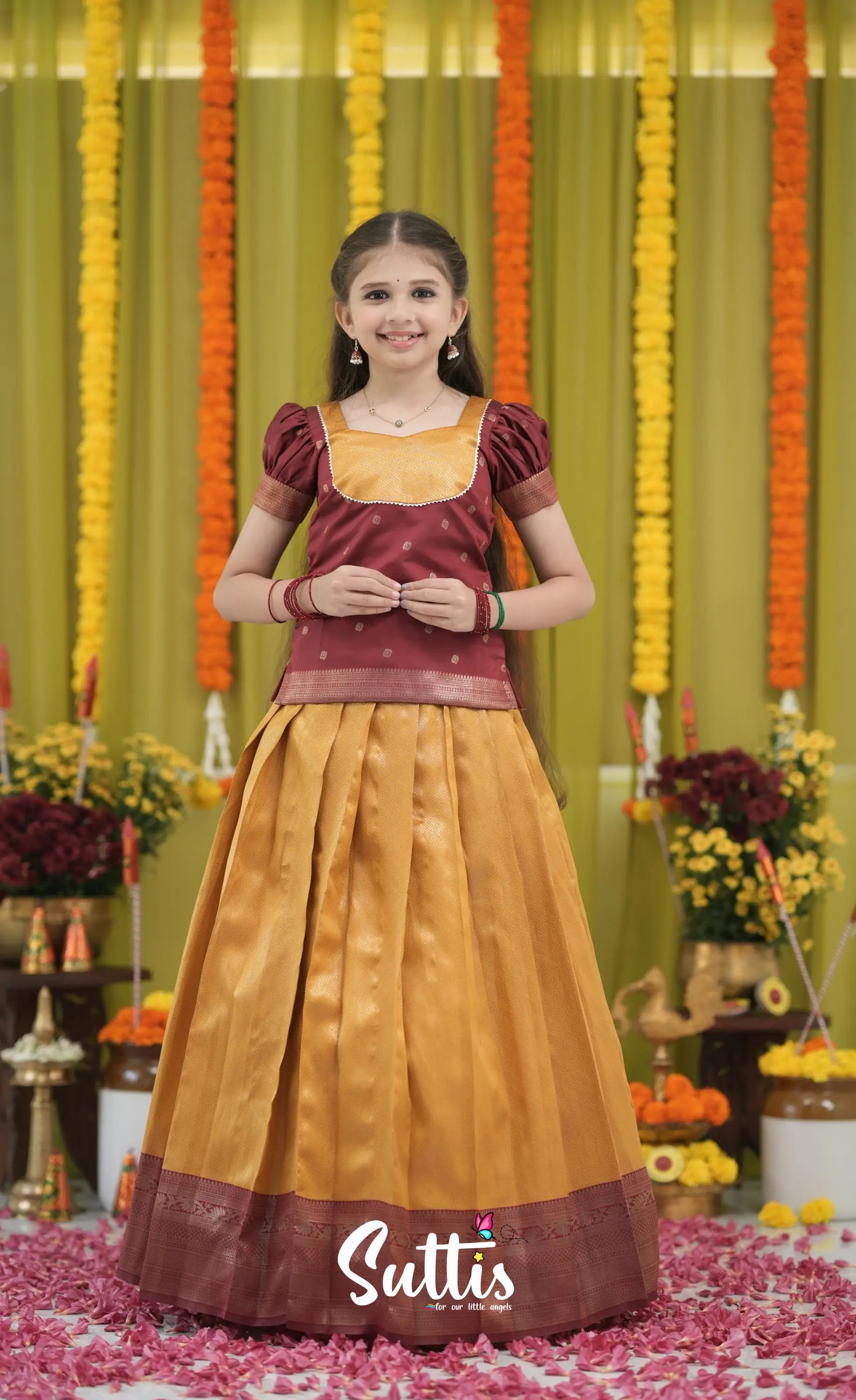 Blended Silk Pavadai Sattai - Mustard Yellow and Maroon Kids-Suttis