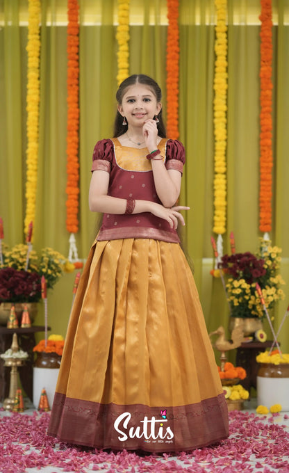 Blended Silk Pavadai Sattai - Mustard Yellow and Maroon Kids-Suttis
