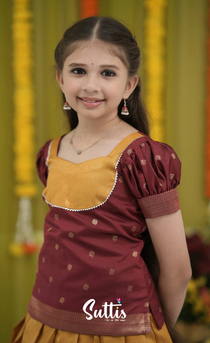 Blended Silk Pavadai Sattai - Mustard Yellow and Maroon Kids-Suttis