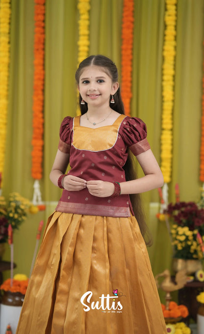 Blended Silk Pavadai Sattai - Mustard Yellow and Maroon Kids-Suttis