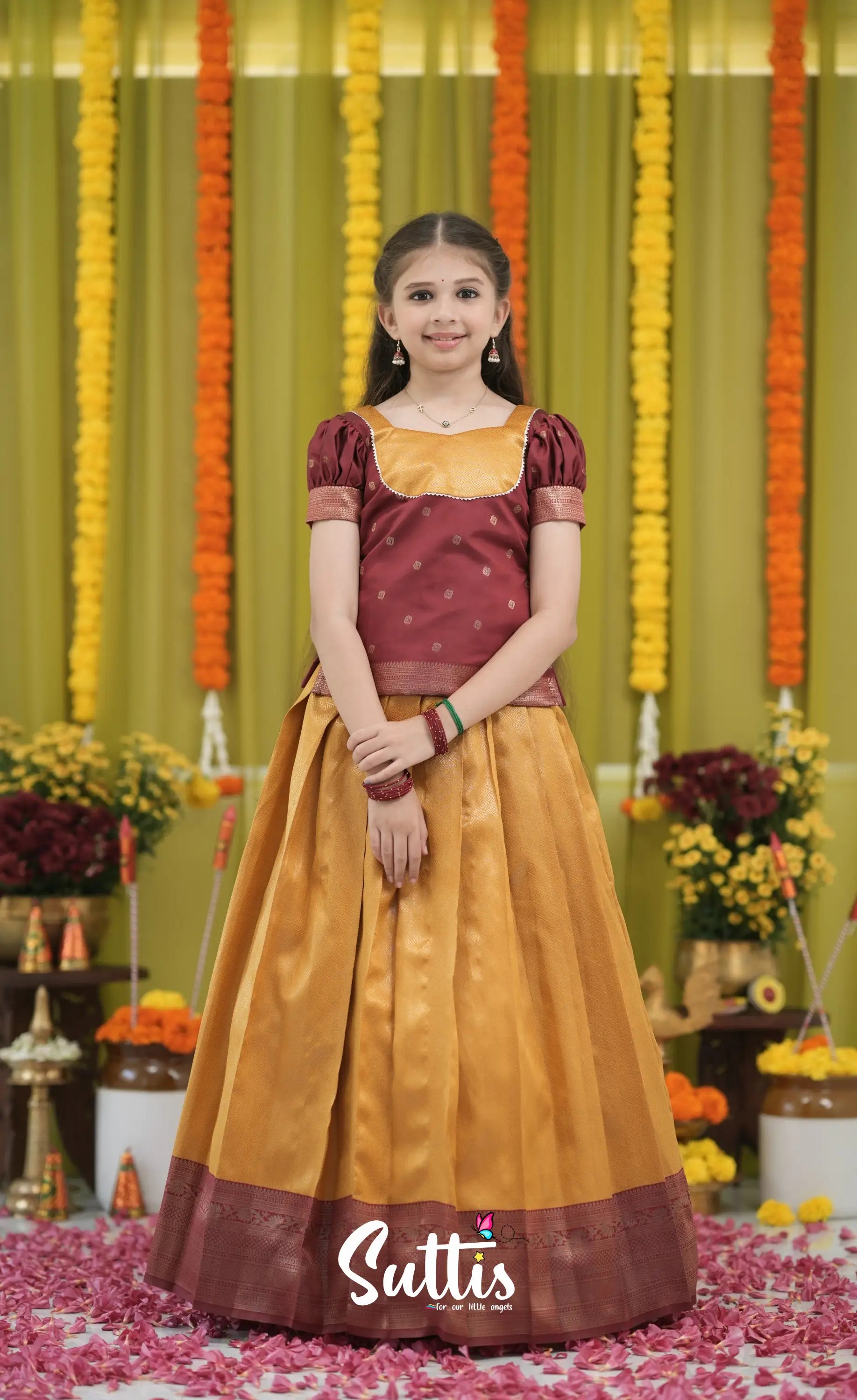 Blended Silk Pavadai Sattai - Mustard Yellow and Maroon Kids-Suttis