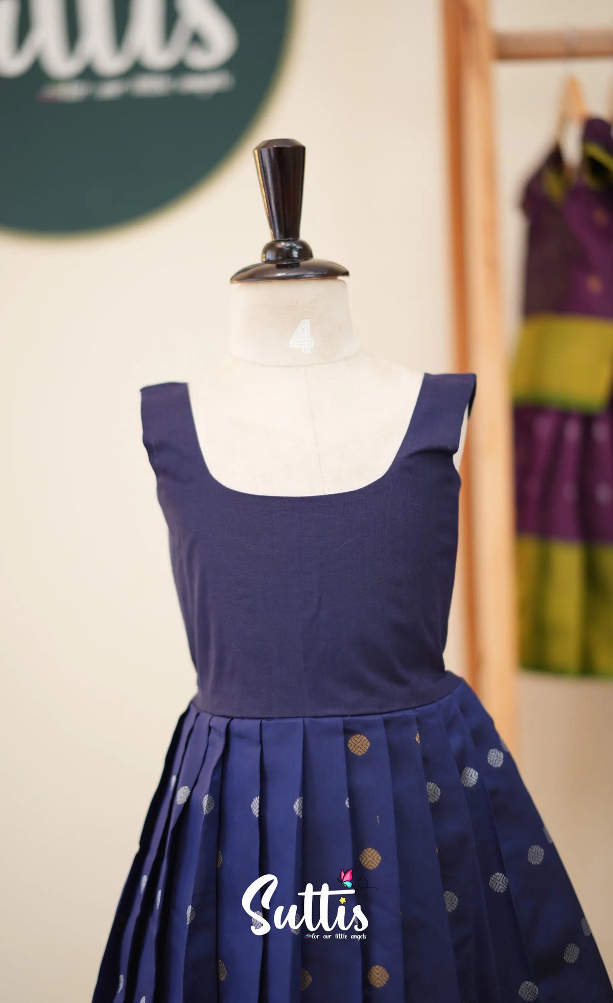 Blended Silk Pavadai Sattai - Navy Blue and Mustard - Kids-Suttis