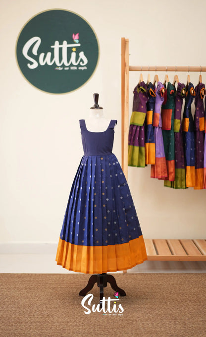 Blended Silk Pavadai Sattai - Navy Blue and Mustard - Kids-Suttis
