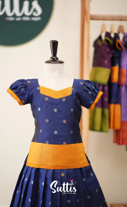 Blended Silk Pavadai Sattai - Navy Blue and Mustard - Kids-Suttis