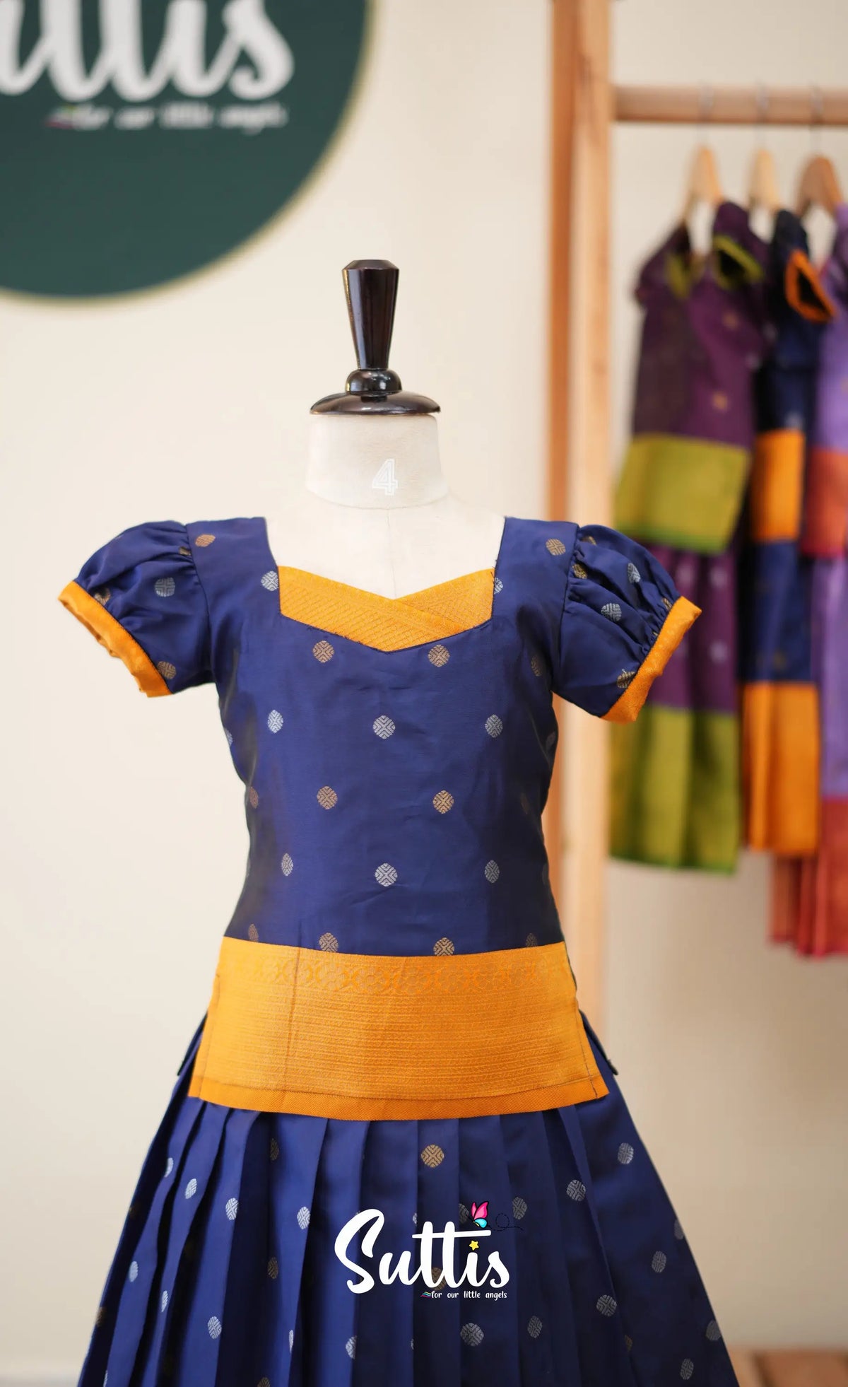 Blended Silk Pavadai Sattai - Navy Blue and Mustard - Kids-Suttis