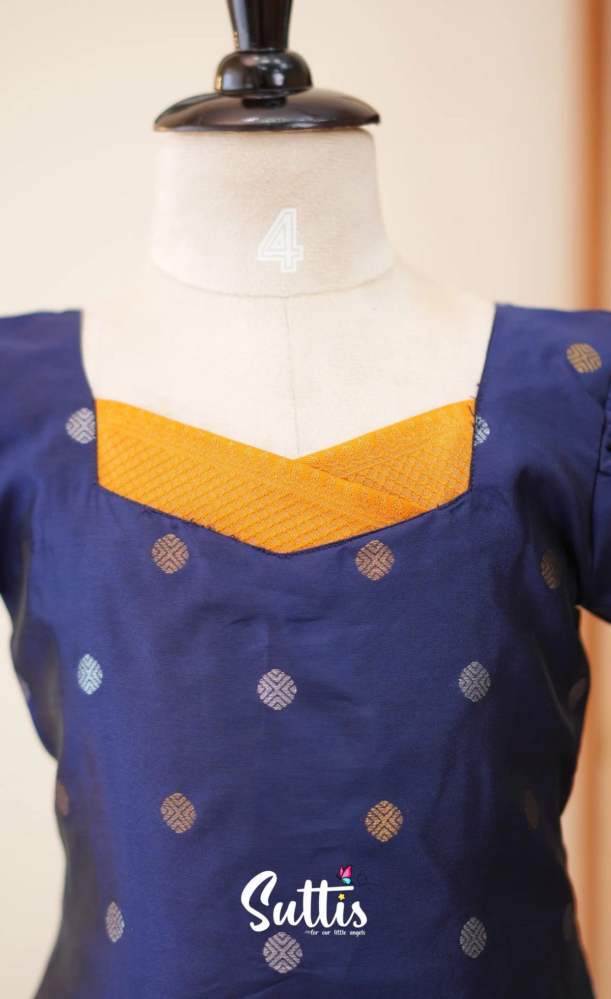 Blended Silk Pavadai Sattai - Navy Blue and Mustard - Kids-Suttis