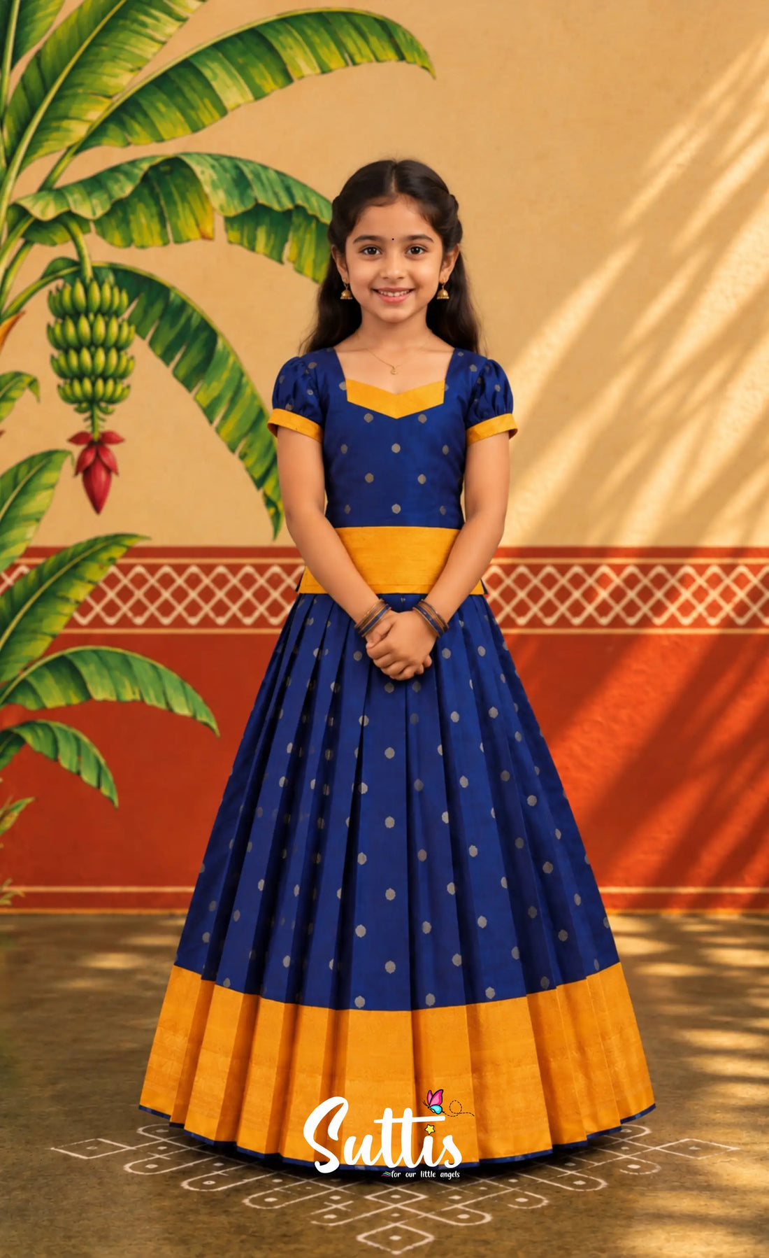 Blended Silk Pavadai Sattai - Navy Blue and Mustard - Kids-Suttis
