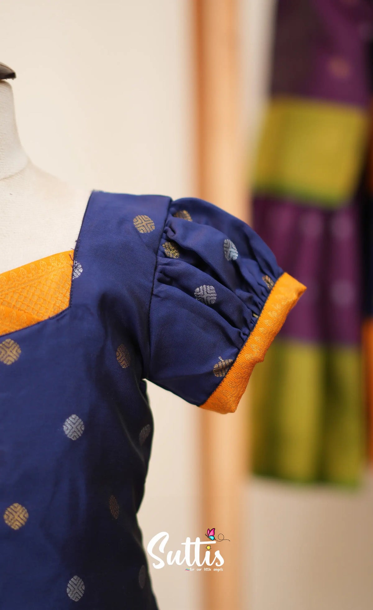 Blended Silk Pavadai Sattai - Navy Blue and Mustard - Kids-Suttis
