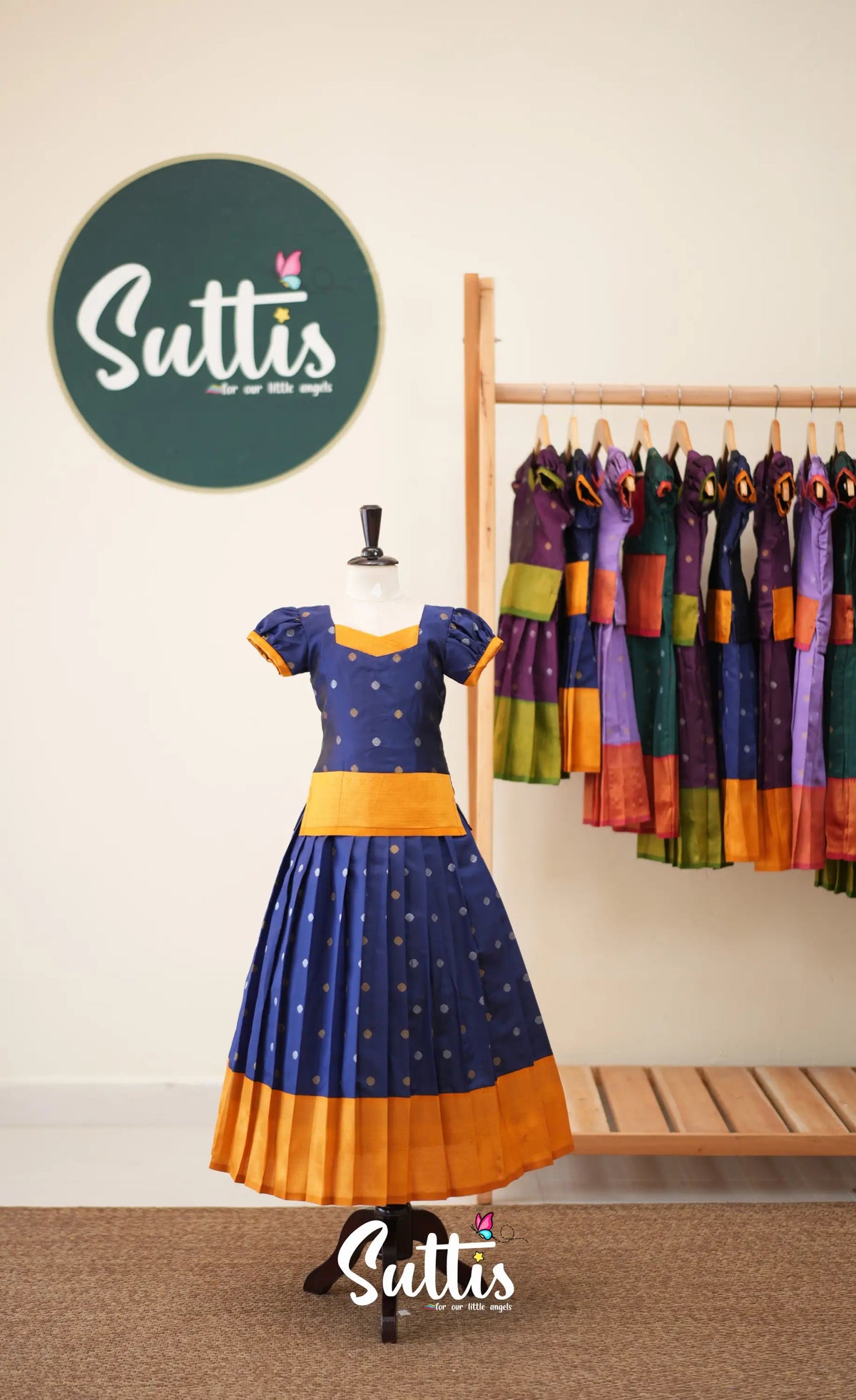 Blended Silk Pavadai Sattai - Navy Blue and Mustard - Kids-Suttis