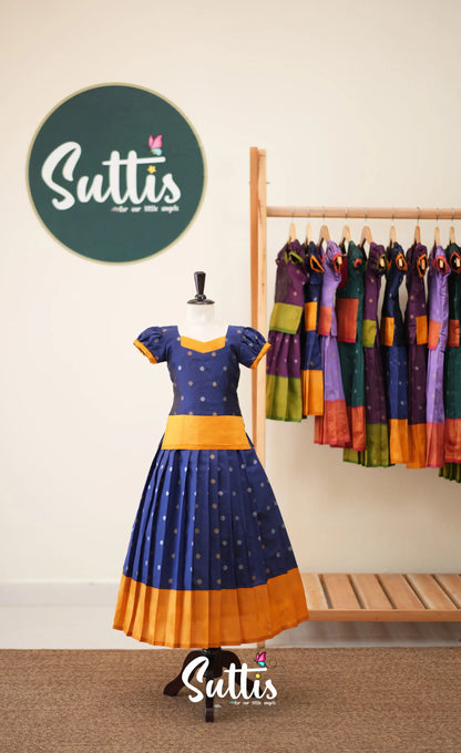 Blended Silk Pavadai Sattai - Navy Blue and Mustard - Kids-Suttis