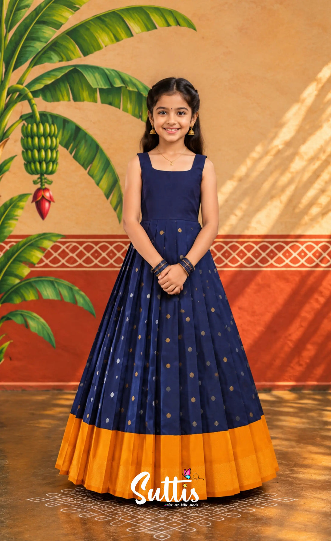 Blended Silk Pavadai Sattai - Navy Blue and Mustard - Kids-Suttis