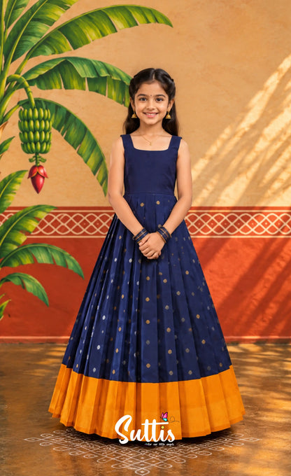 Blended Silk Pavadai Sattai - Navy Blue and Mustard - Kids-Suttis