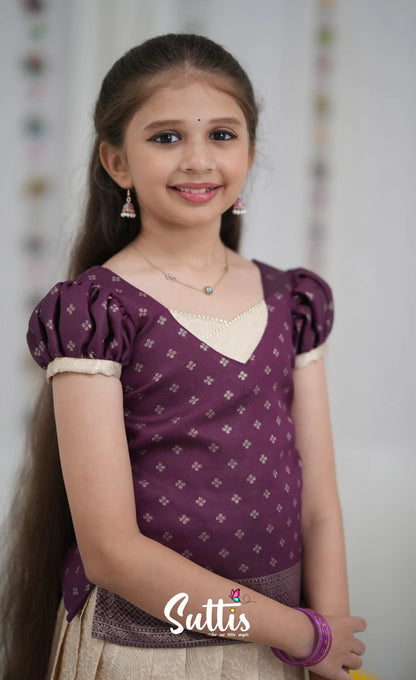 Blended Silk Pavadai Sattai Off white and Magentaish Purple Kids Suttis