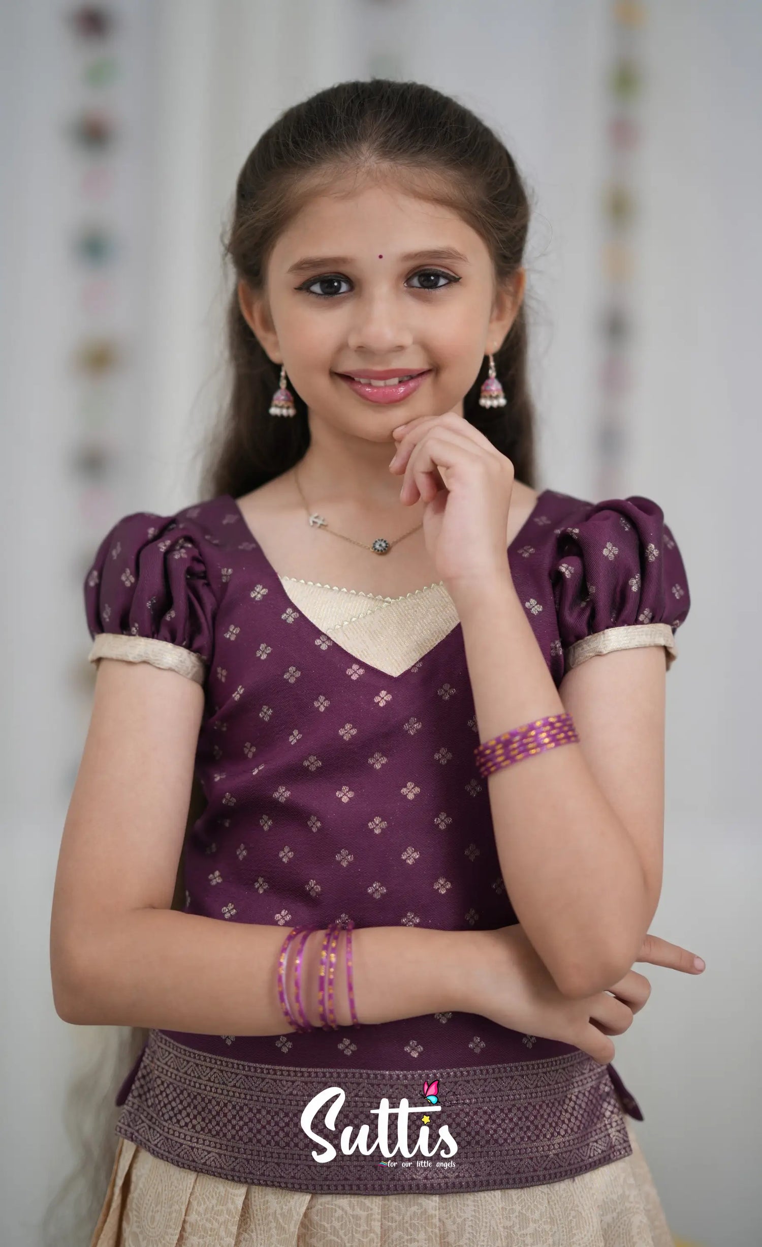 Blended Silk Pavadai Sattai Off white and Magentaish Purple Kids Suttis