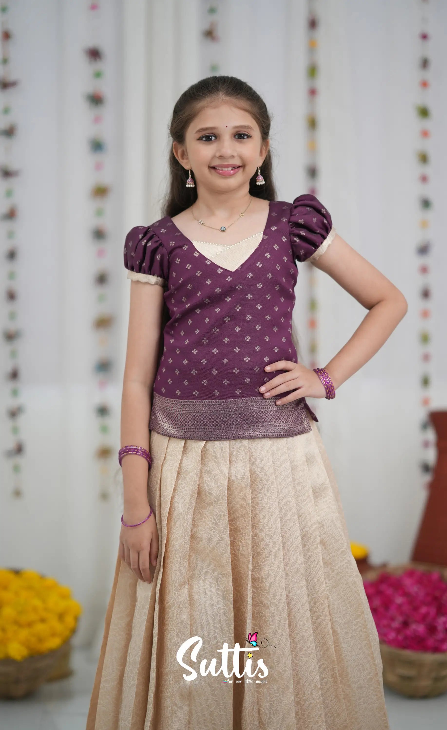 Blended Silk Pavadai Sattai Off white and Magentaish Purple Kids Suttis