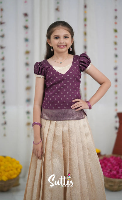 Blended Silk Pavadai Sattai Off white and Magentaish Purple Kids Suttis