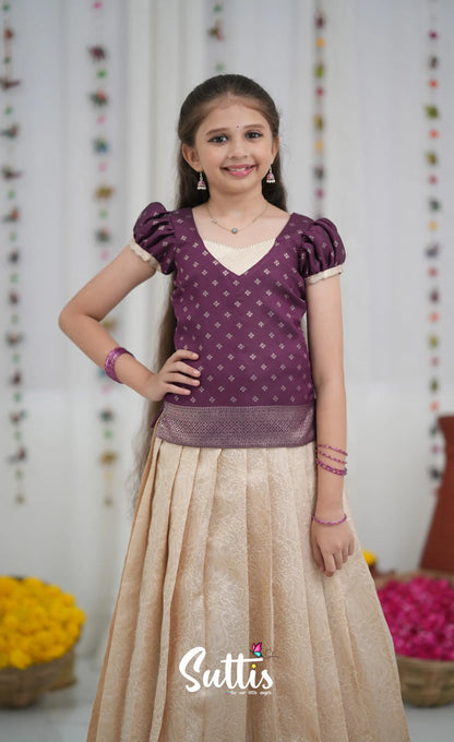 Blended Silk Pavadai Sattai Off white and Magentaish Purple Kids Suttis