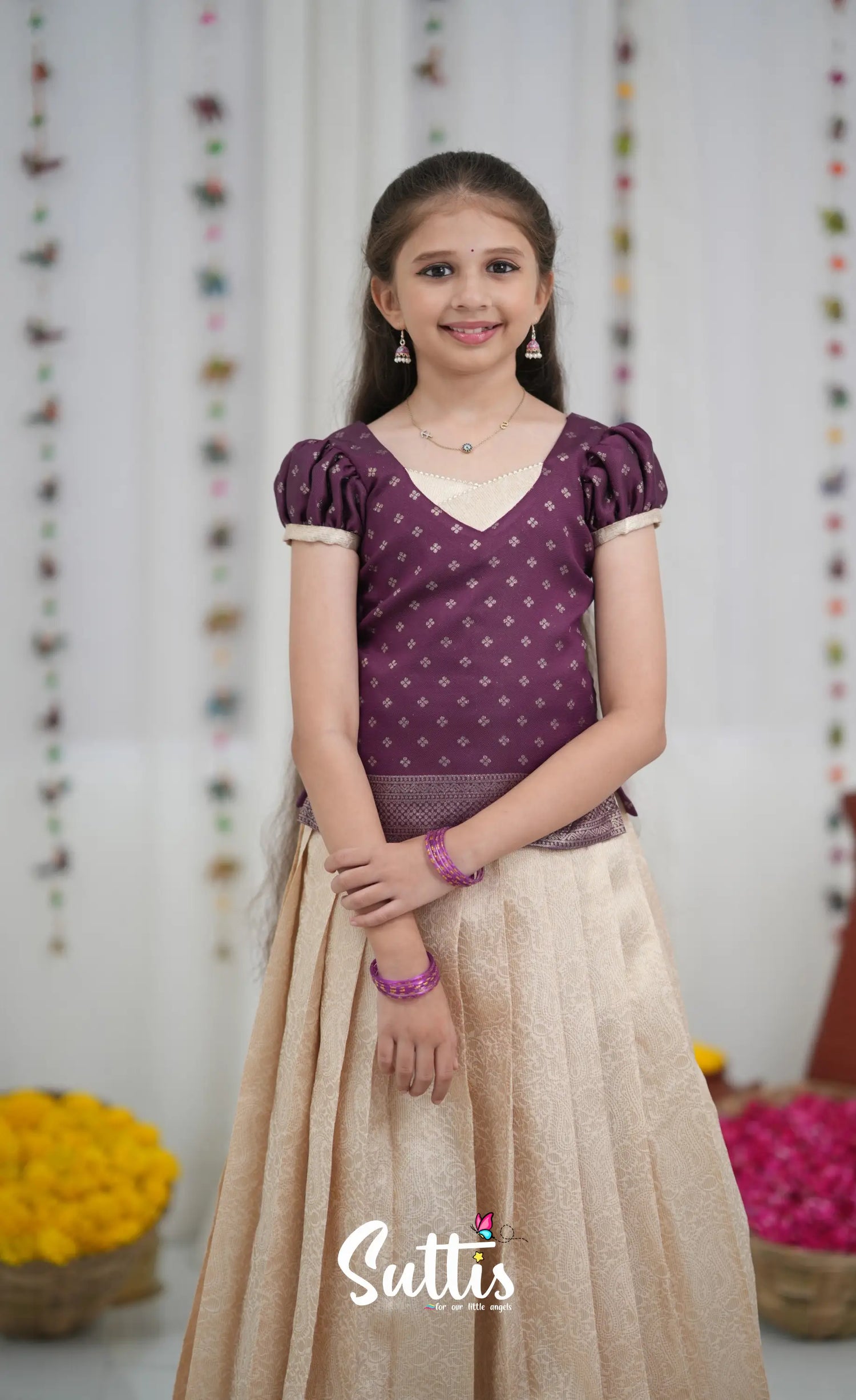 Blended Silk Pavadai Sattai Off white and Magentaish Purple Kids Suttis