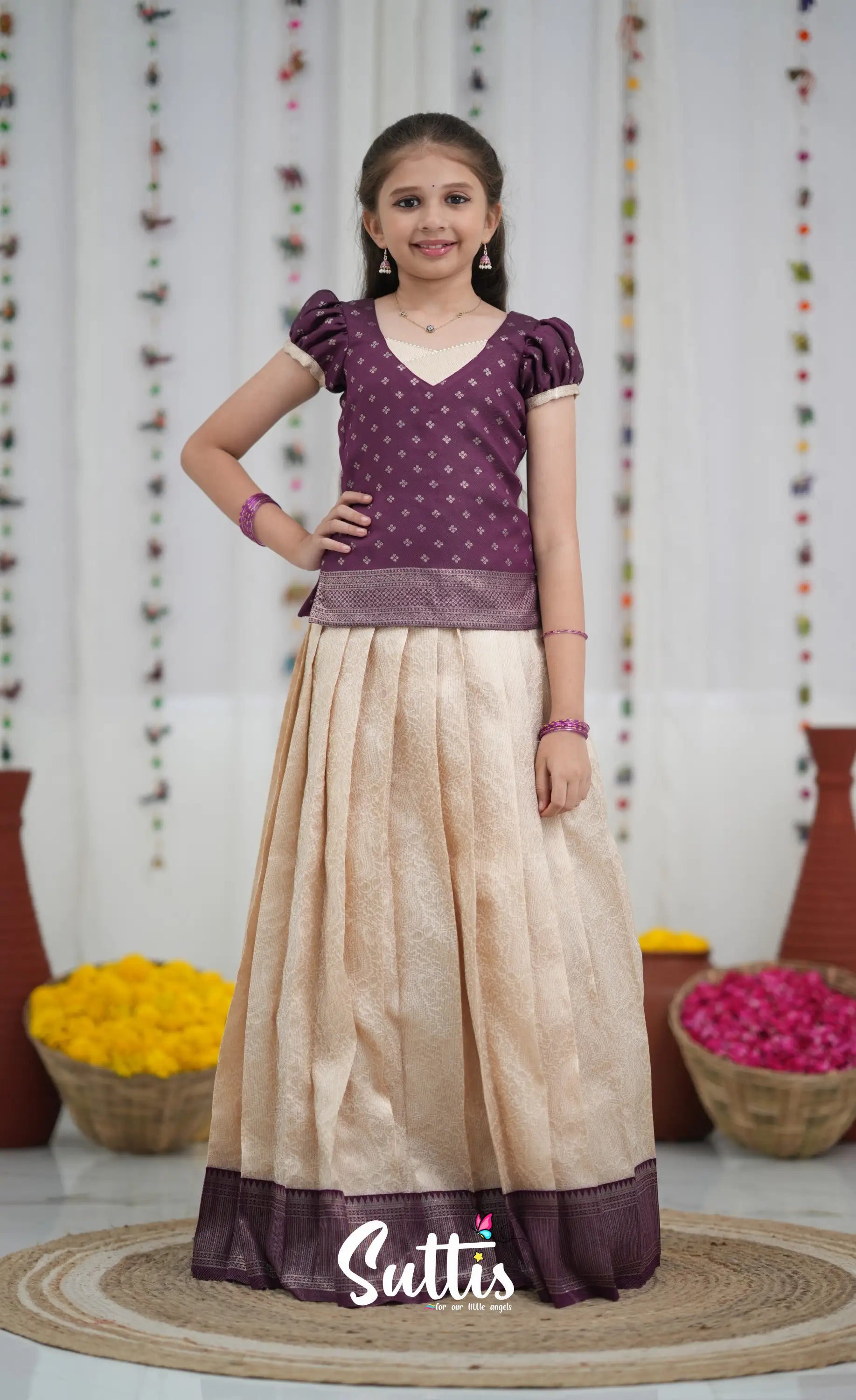 Blended Silk Pavadai Sattai Off white and Magentaish Purple Kids Suttis
