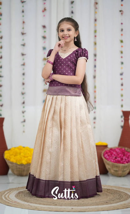 Blended Silk Pavadai Sattai Off white and Magentaish Purple Kids Suttis