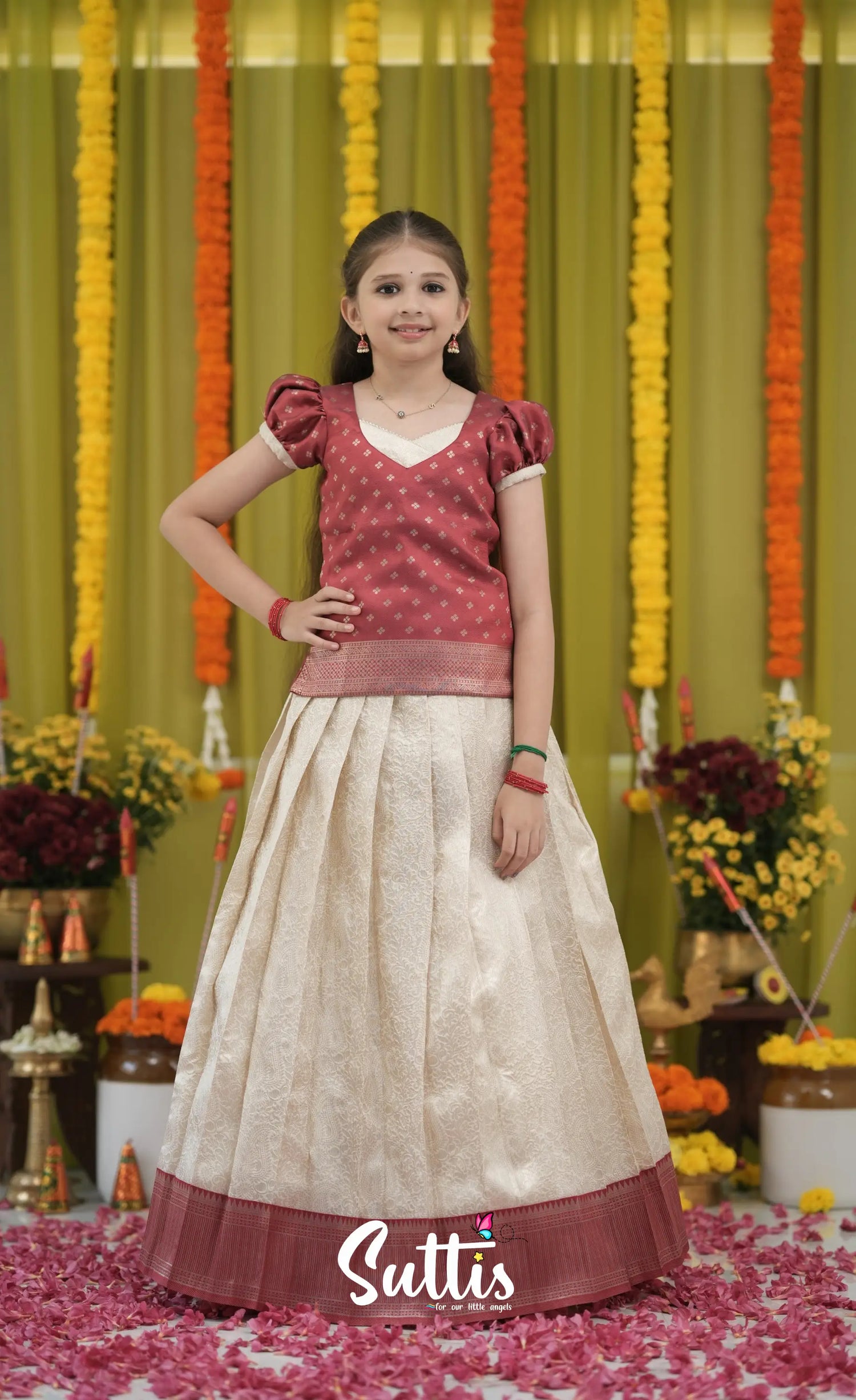 Blended Silk Pavadai Sattai - Off white and Red Kids-Suttis