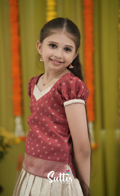 Blended Silk Pavadai Sattai - Off white and Red Kids-Suttis