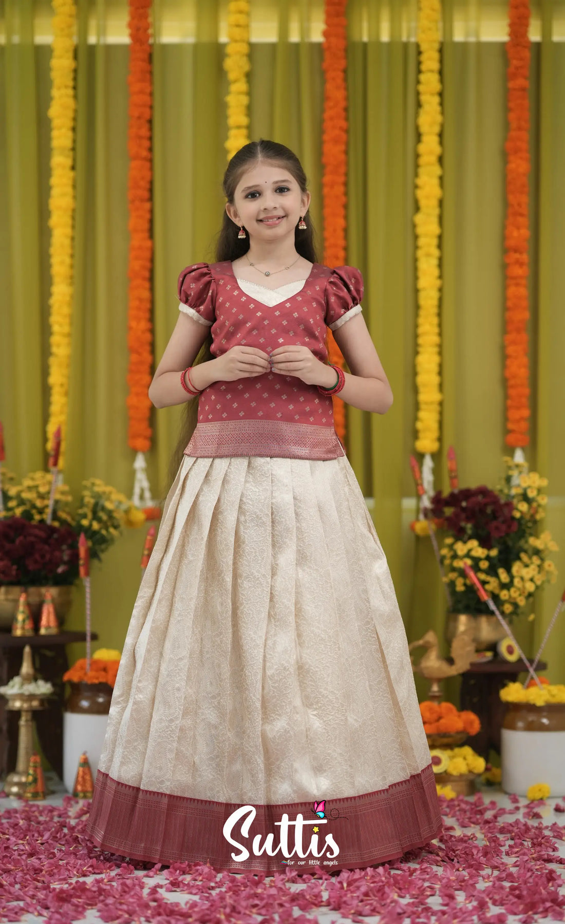 Blended Silk Pavadai Sattai - Off white and Red Kids-Suttis