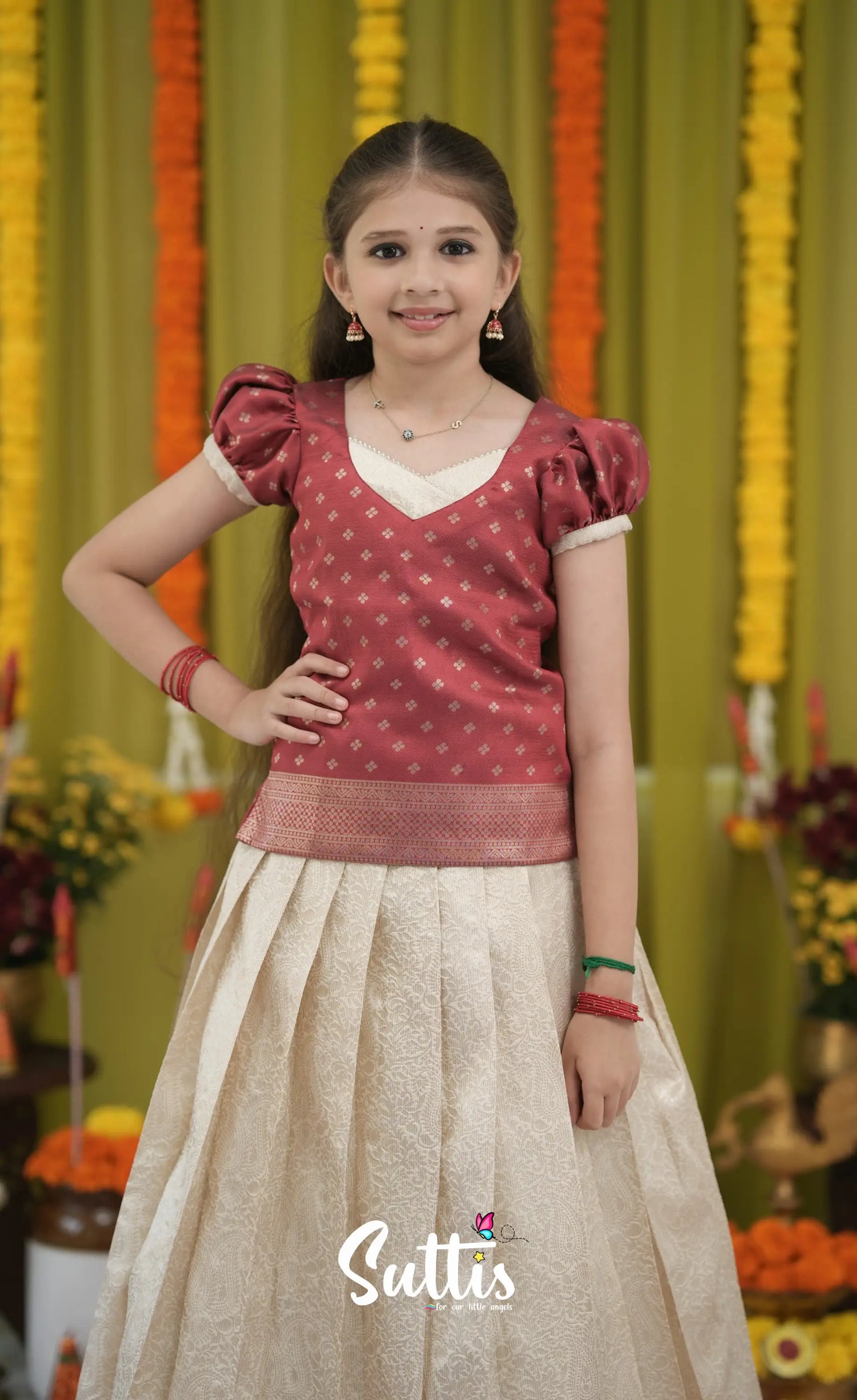 Blended Silk Pavadai Sattai - Off white and Red Kids-Suttis