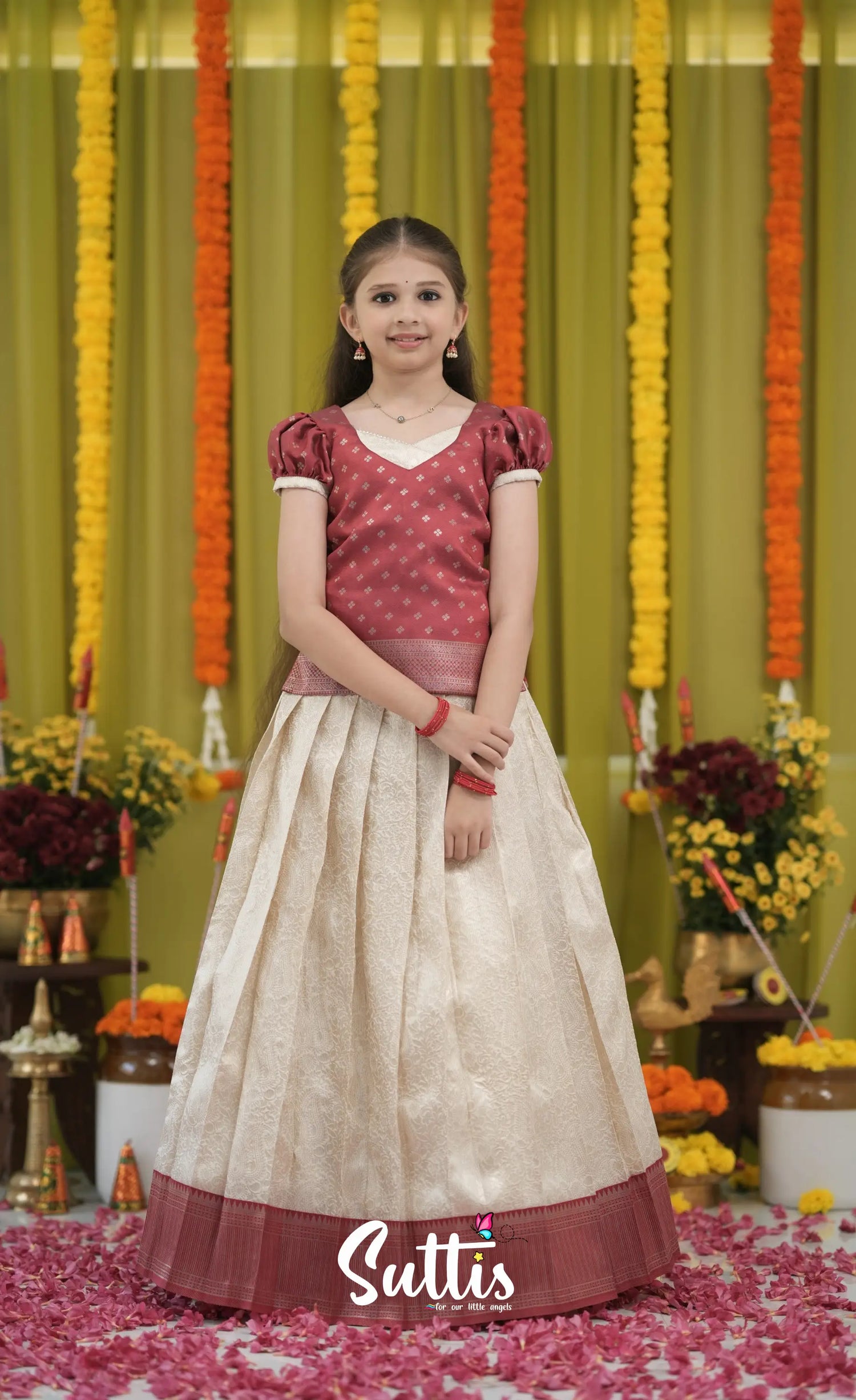 Blended Silk Pavadai Sattai - Off white and Red Kids-Suttis