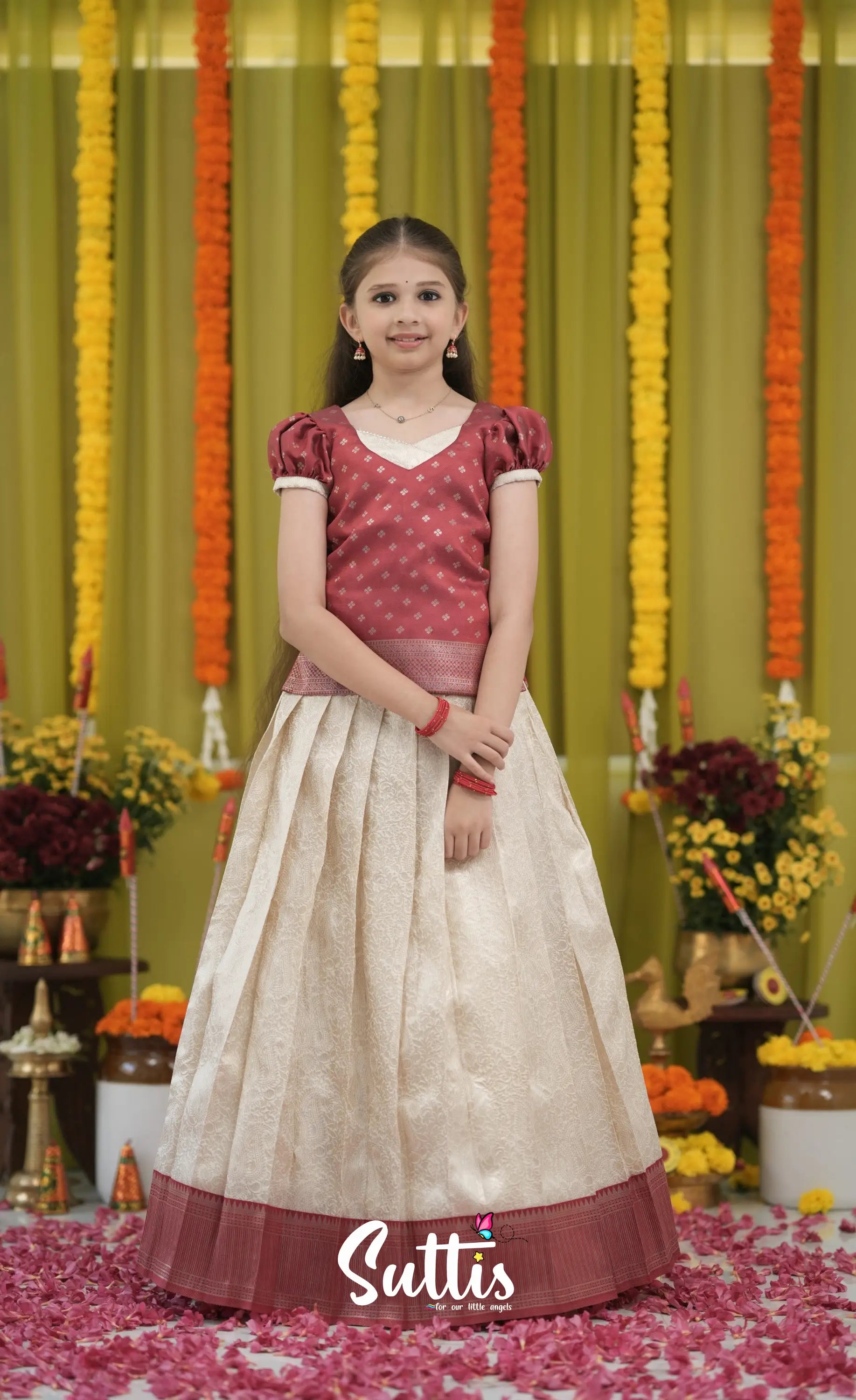 Blended Silk Pavadai Sattai - Off white and Red Kids-Suttis