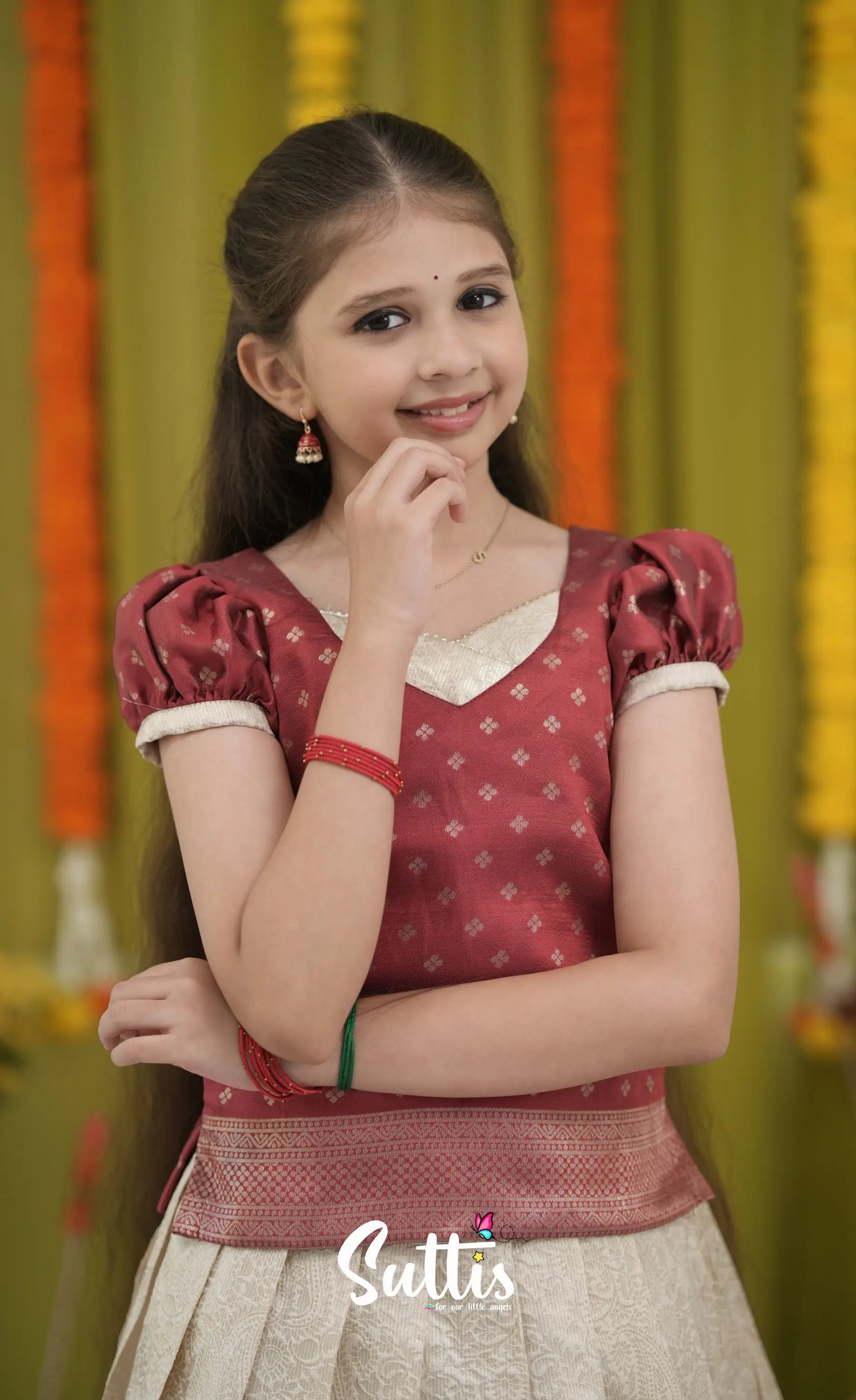 Blended Silk Pavadai Sattai - Off white and Red Kids-Suttis