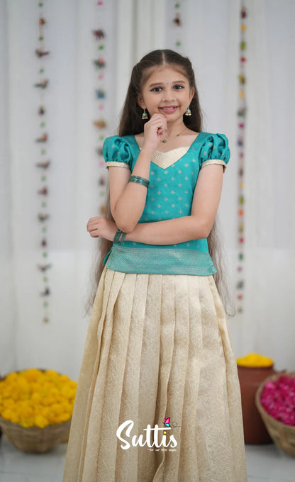 Blended Silk Pavadai Sattai Off white and Teal Kids Suttis