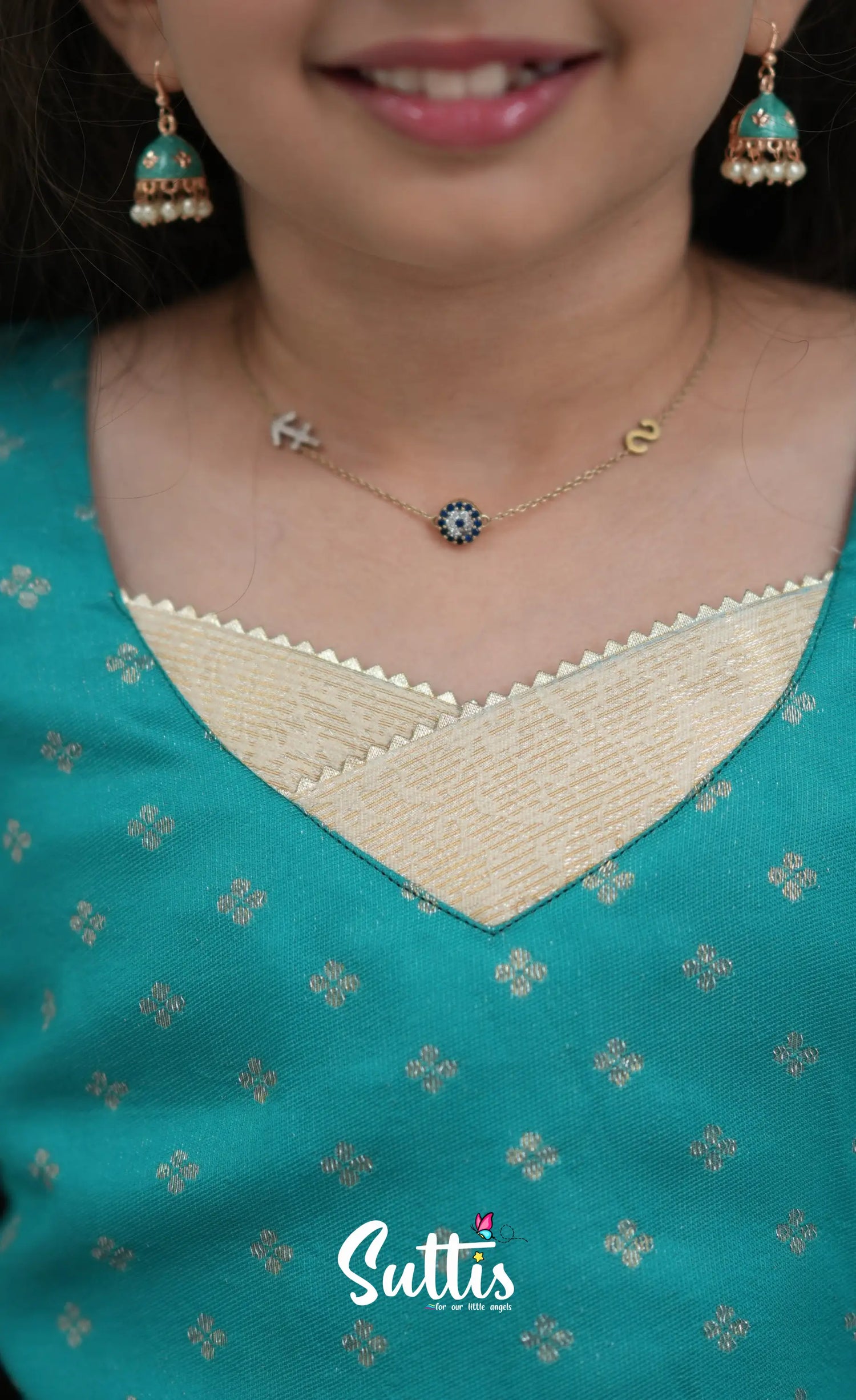 Blended Silk Pavadai Sattai Off white and Teal Kids Suttis