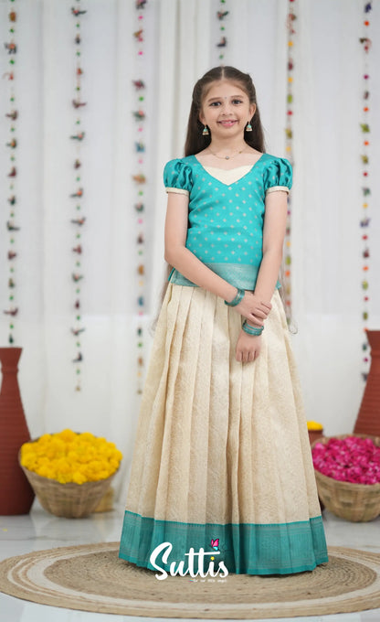 Blended Silk Pavadai Sattai Off white and Teal Kids Suttis