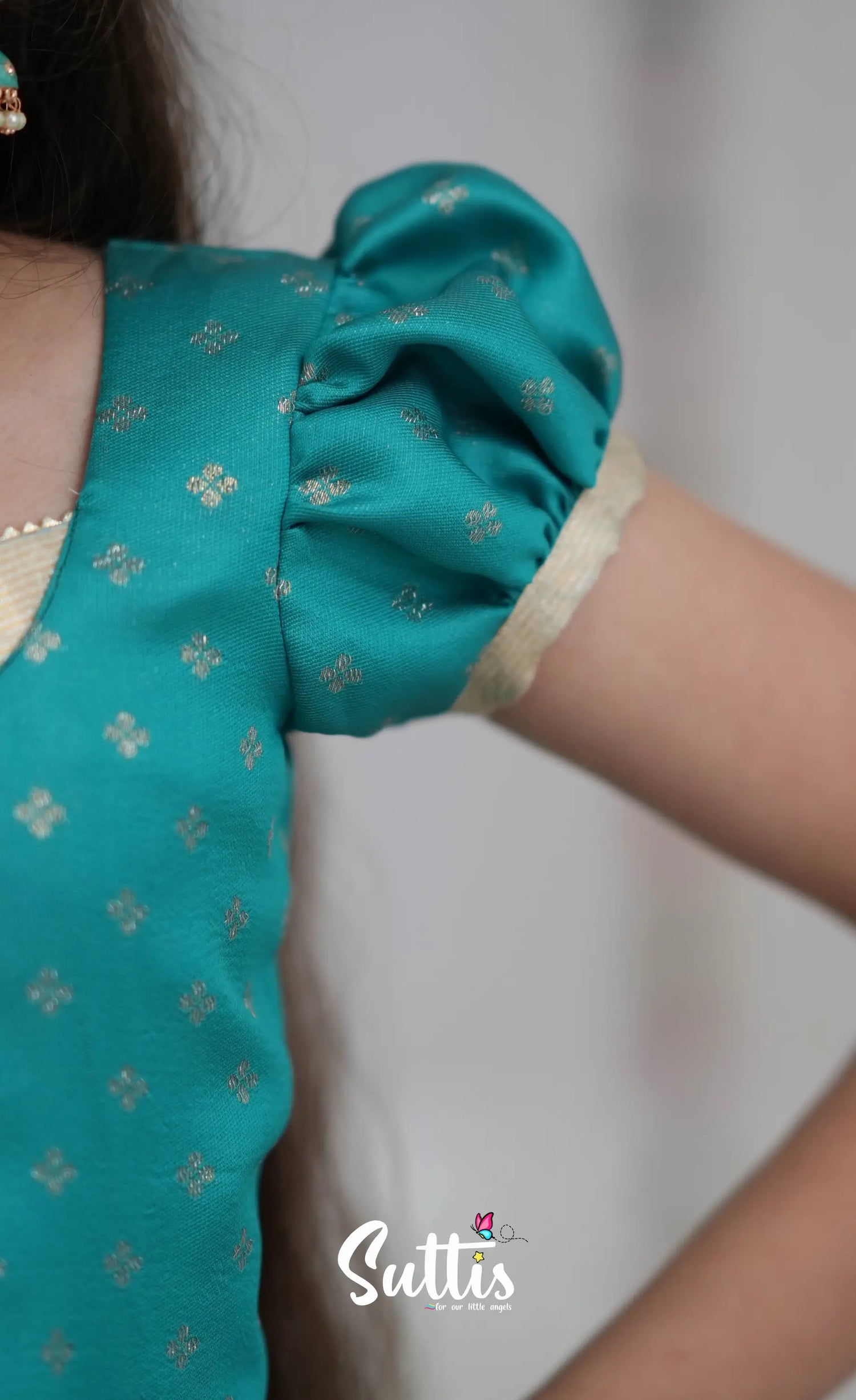 Blended Silk Pavadai Sattai Off white and Teal Kids Suttis