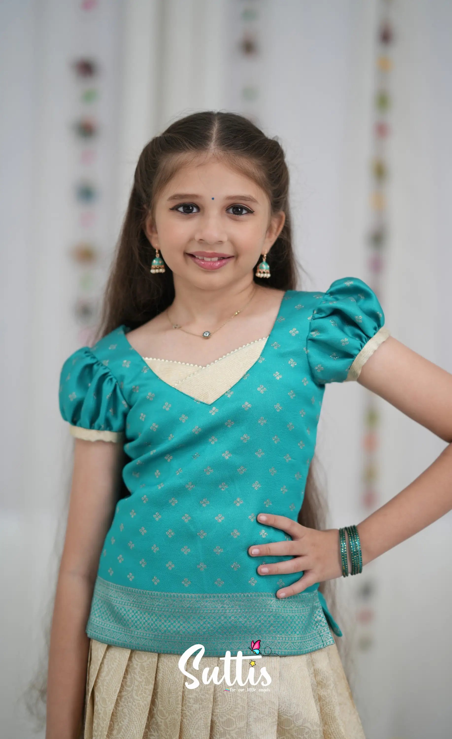 Blended Silk Pavadai Sattai Off white and Teal Kids Suttis