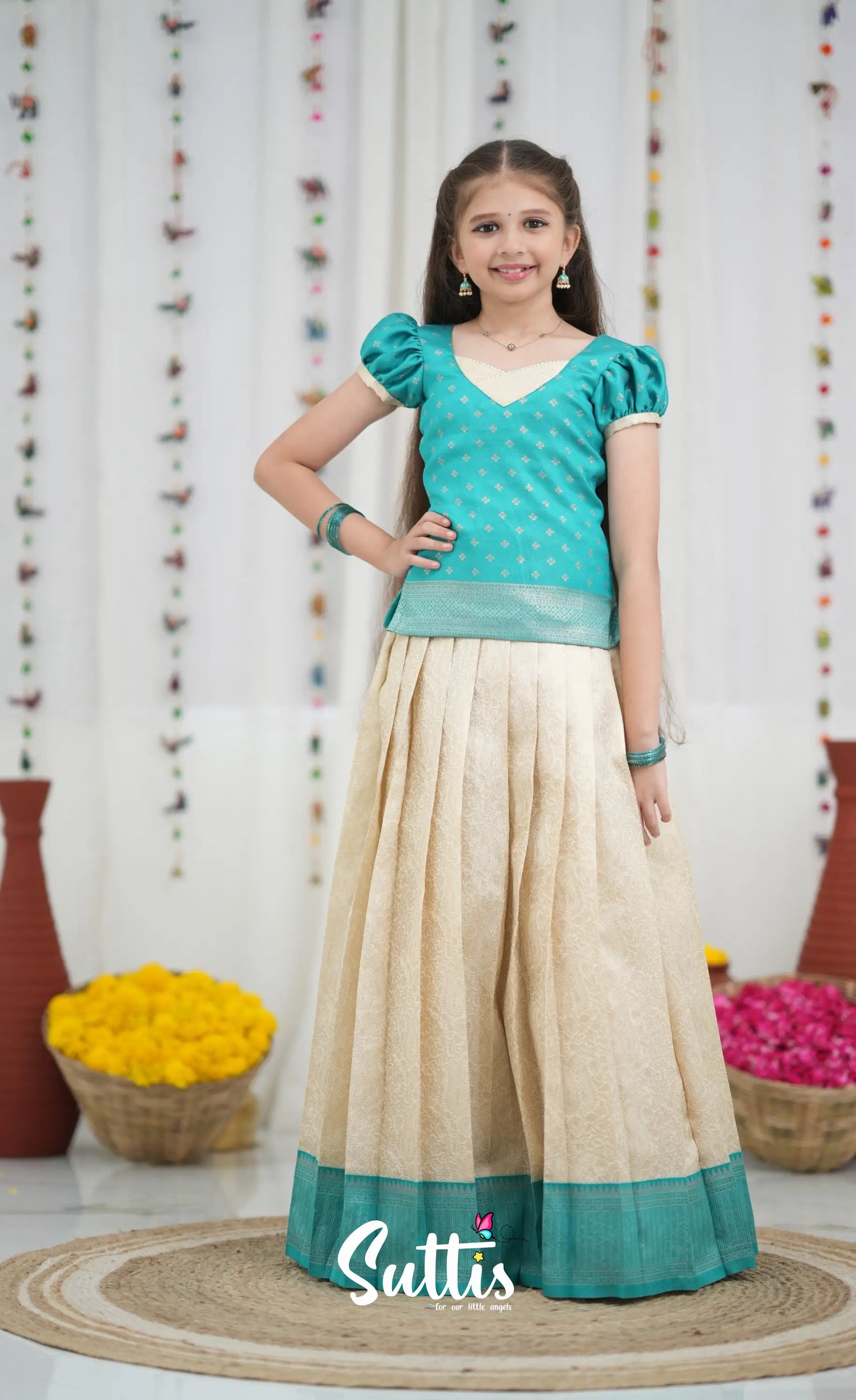 Blended Silk Pavadai Sattai Off white and Teal Kids Suttis