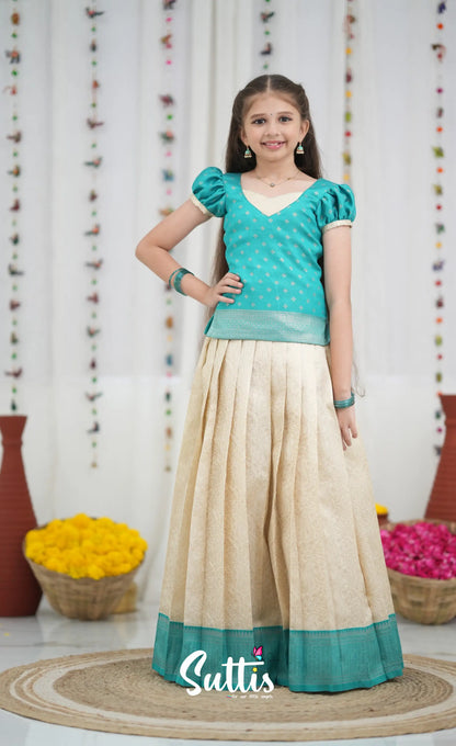 Blended Silk Pavadai Sattai Off white and Teal Kids Suttis