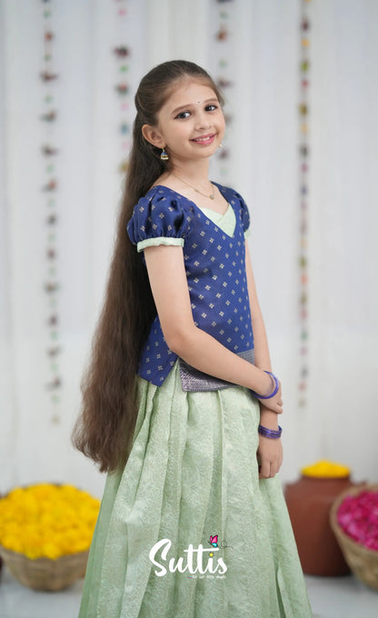 Blended Silk Pavadai Sattai Pastel Blue and Dark Blue Kids Suttis