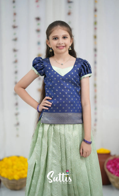 Blended Silk Pavadai Sattai Pastel Blue and Dark Blue Kids Suttis