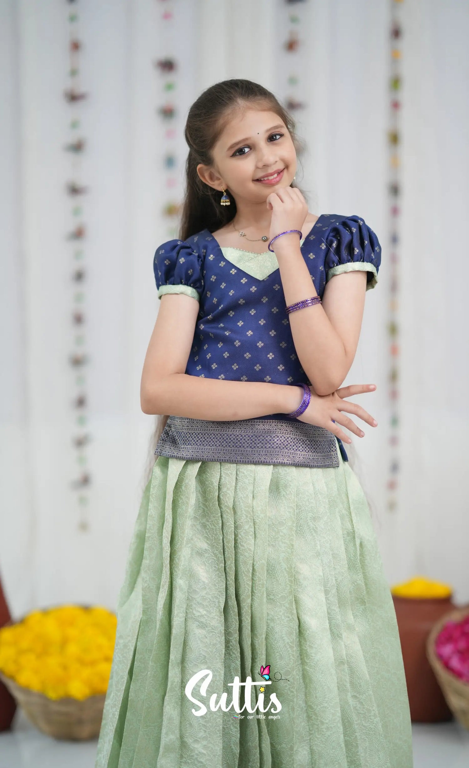 Blended Silk Pavadai Sattai Pastel Blue and Dark Blue Kids Suttis
