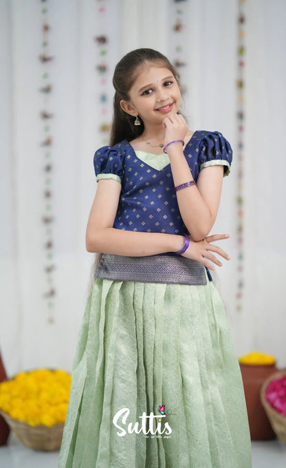Blended Silk Pavadai Sattai Pastel Blue and Dark Blue Kids Suttis