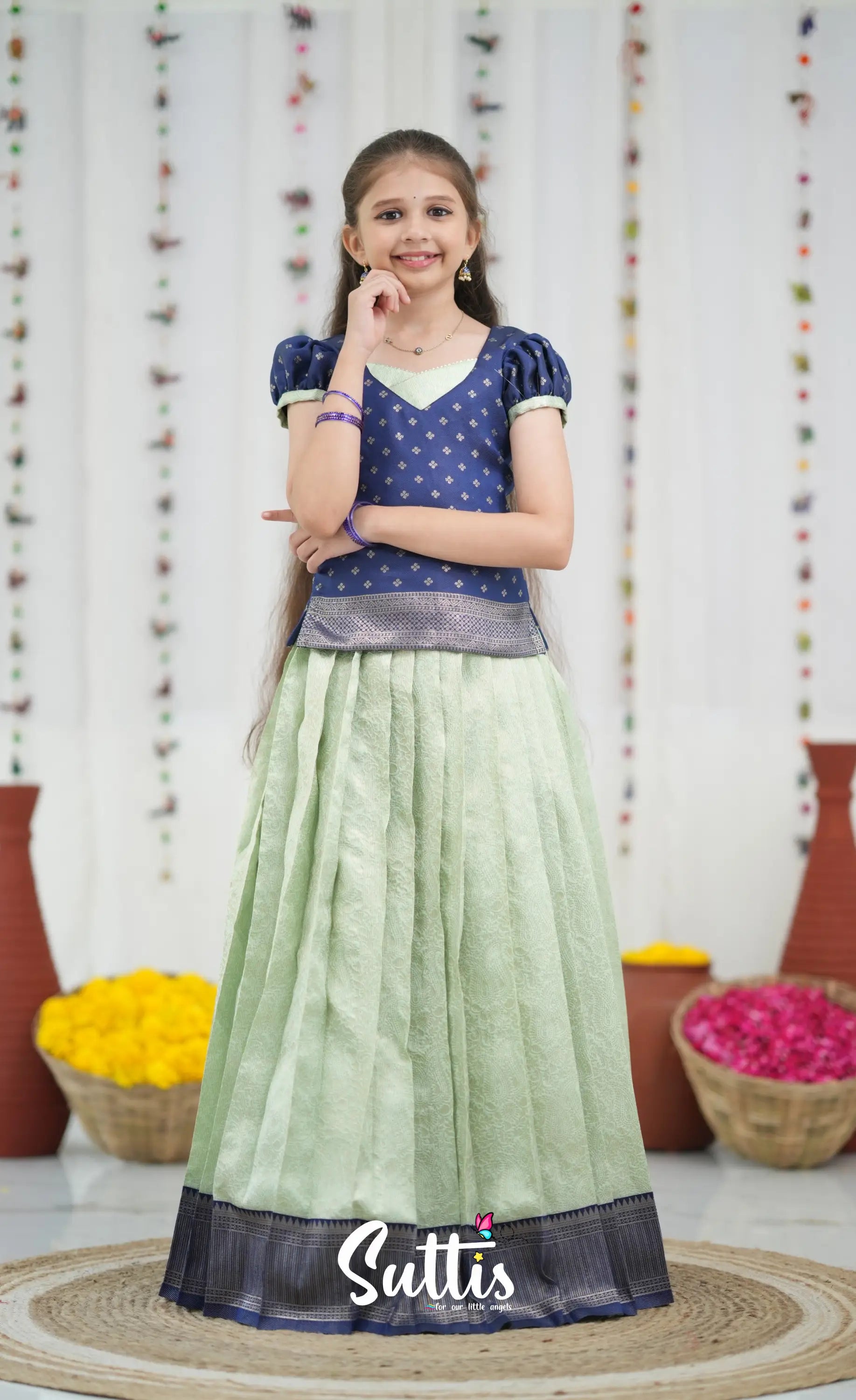 Blended Silk Pavadai Sattai Pastel Blue and Dark Blue Kids Suttis