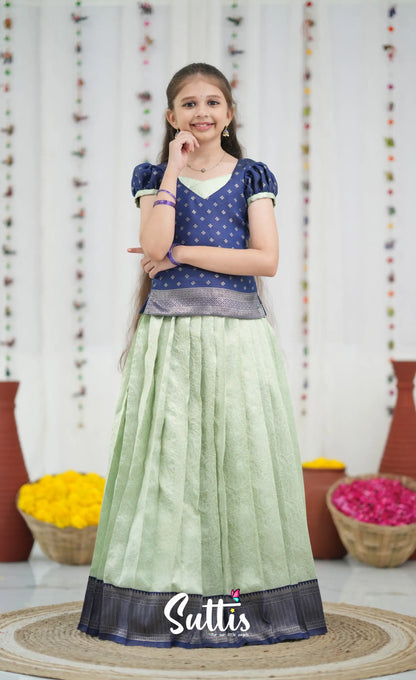 Blended Silk Pavadai Sattai Pastel Blue and Dark Blue Kids Suttis