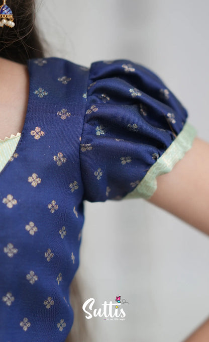 Blended Silk Pavadai Sattai Pastel Blue and Dark Blue Kids Suttis