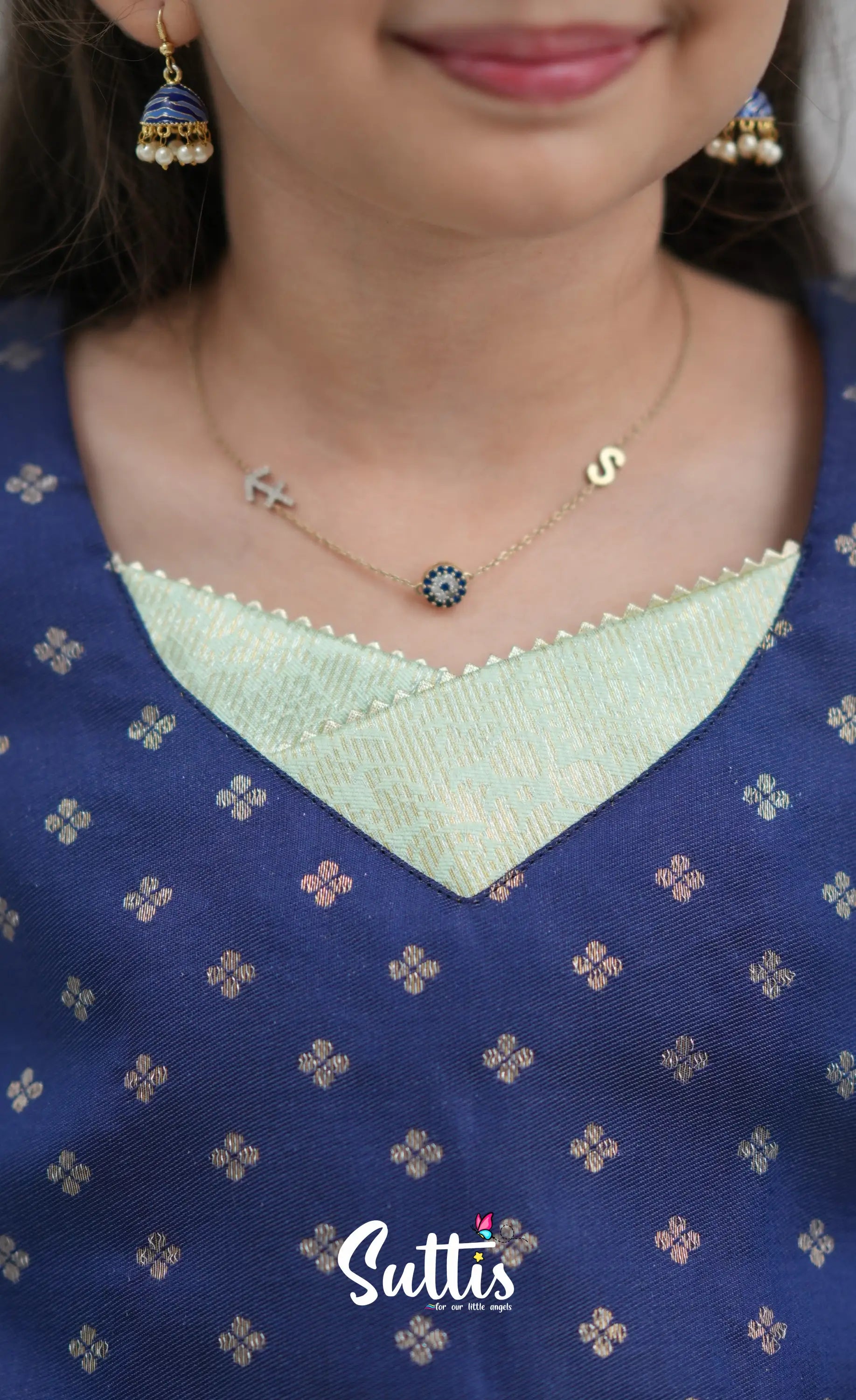 Blended Silk Pavadai Sattai Pastel Blue and Dark Blue Kids Suttis