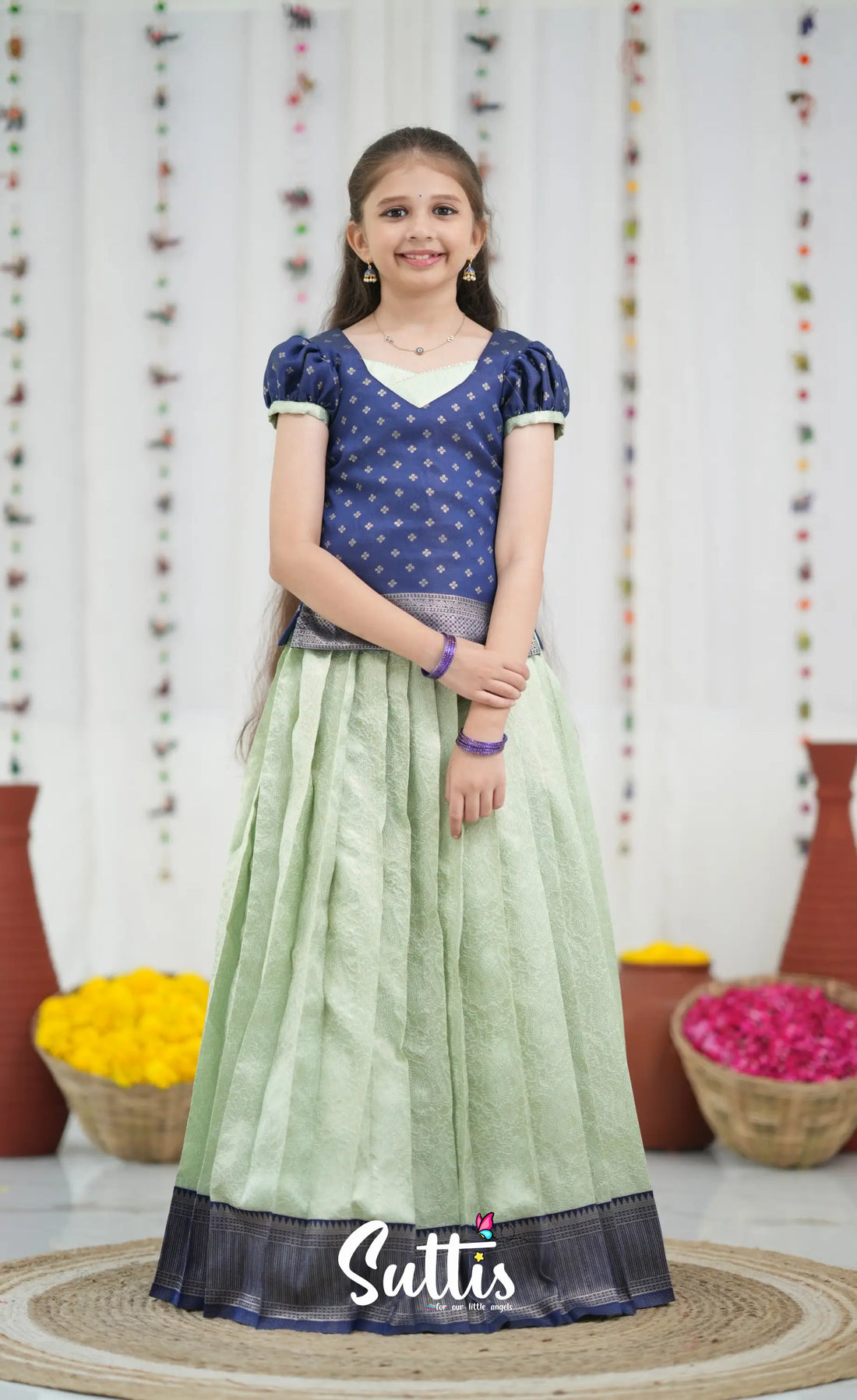 Blended Silk Pavadai Sattai Pastel Blue and Dark Blue Kids Suttis