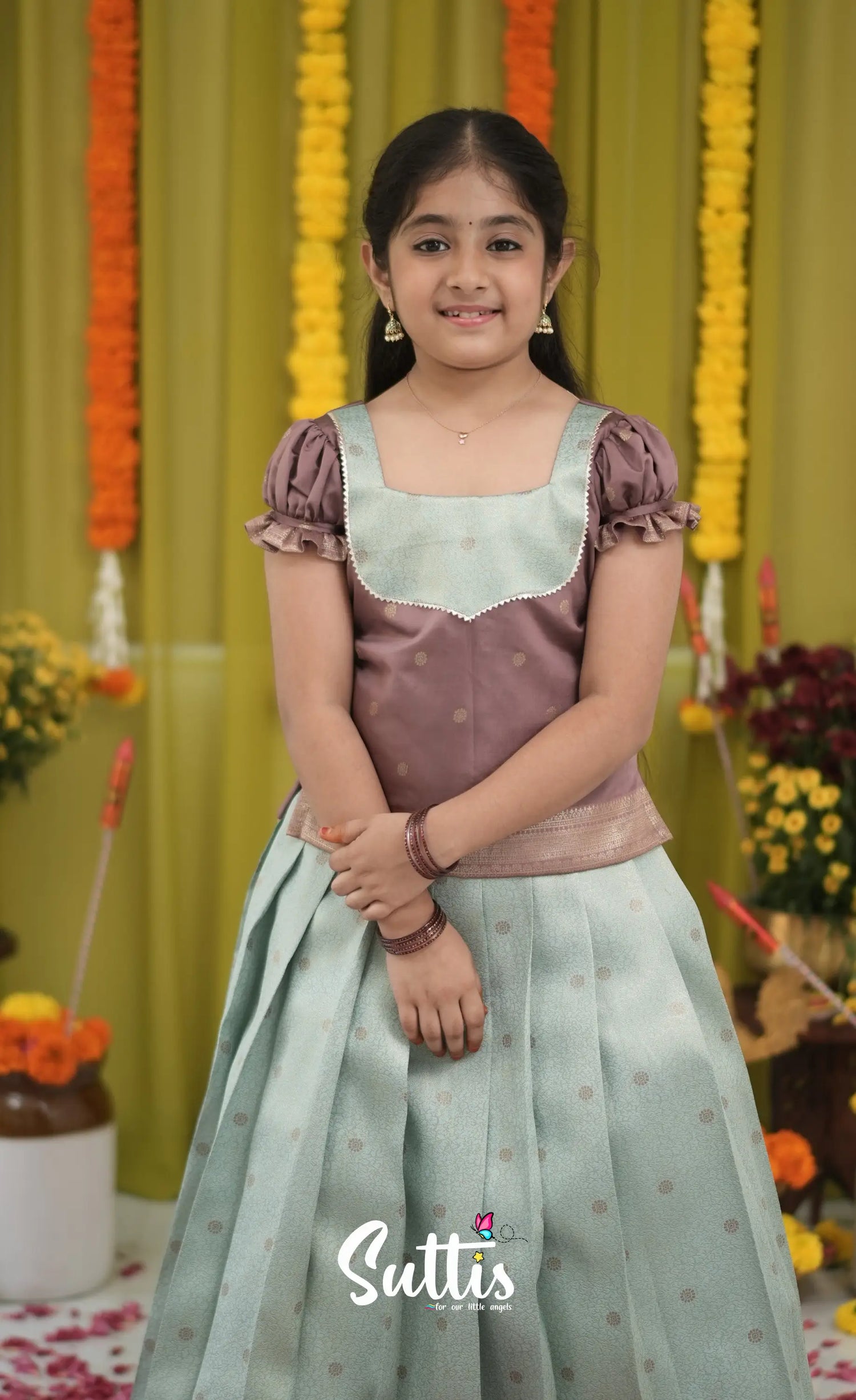 Blended Silk Pavadai Sattai - Pastel Blue and Light Brownish Beige Kids-Suttis