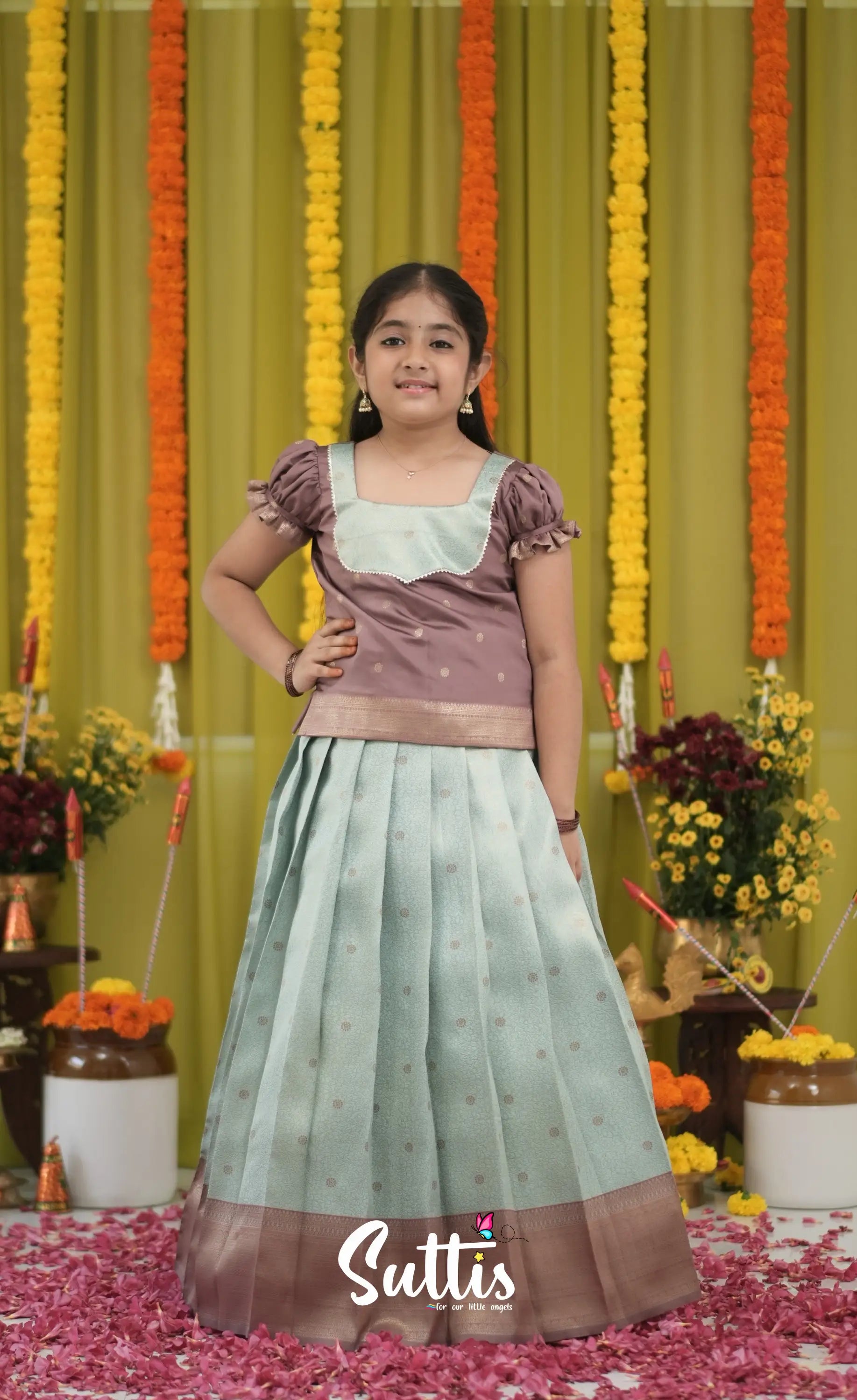 Blended Silk Pavadai Sattai - Pastel Blue and Light Brownish Beige Kids-Suttis
